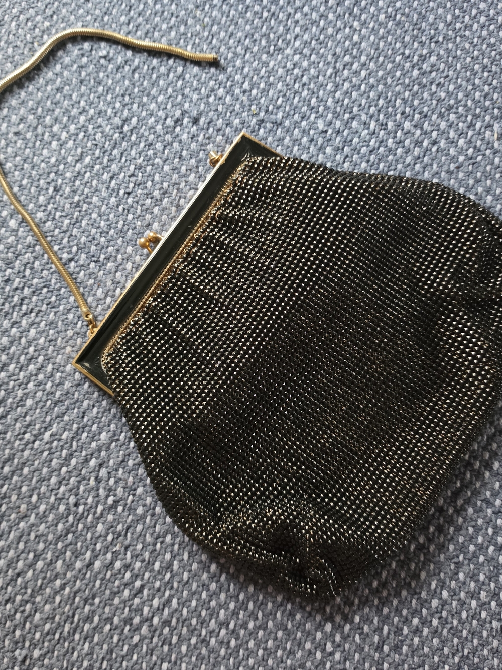 Vintage Black Mesh WHITING & DAVIS Evening Bag with Gold Frame and Chain